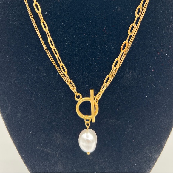 Pearl Pendant Double Layer Toggle Necklace New - Picture 4 of 4